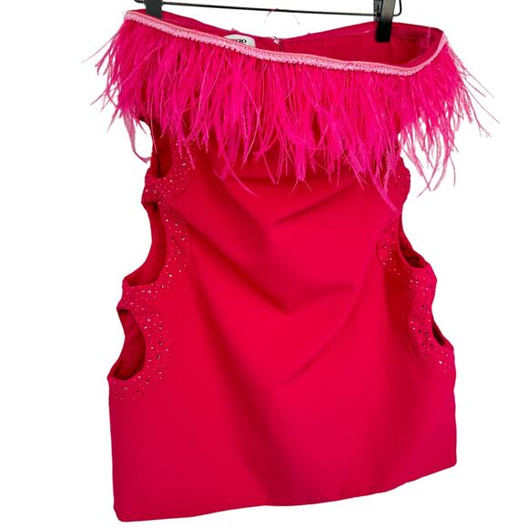 Guizio Feather Trim Embellished Cut-Out Mini Dress Magenta‎ Pink Size Small - Picture 6 of 12